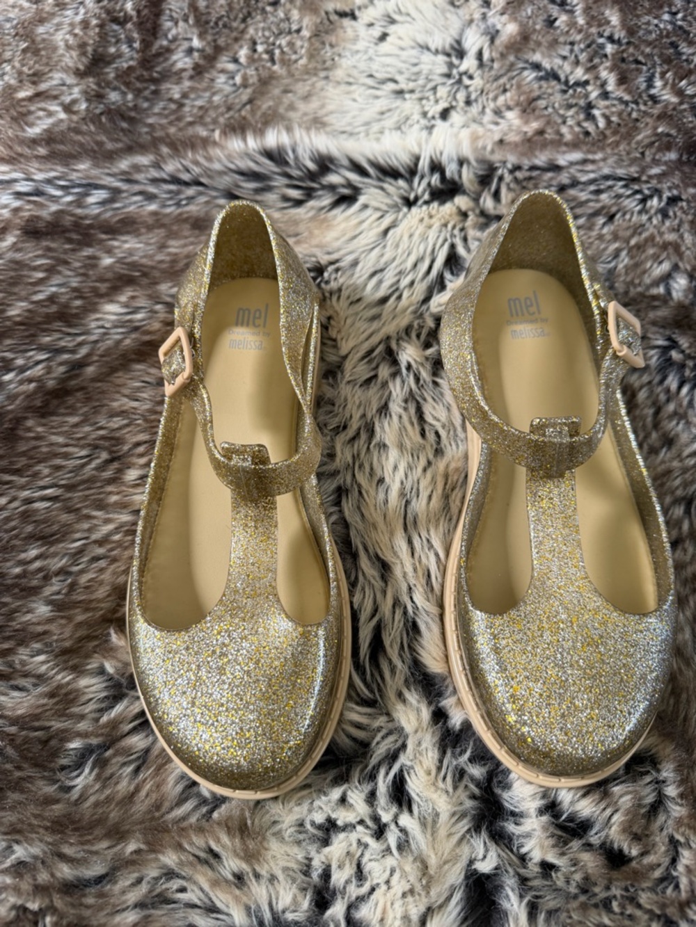 Melissa Girls Gold Glitter T-Strap Mary Jane Shoes